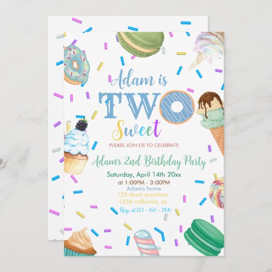 2つの甘い男の子ドーナツ青デザート2番目の誕生日 招待状 (正面/裏面)