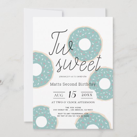 2つの甘い緑のドーナツ男の子2nd誕生日 招待状 (正面)