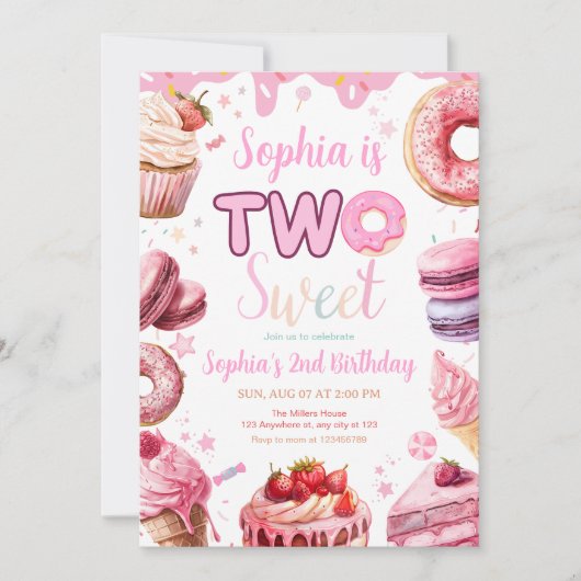 2つの甘い誕生日招待状、2ndバースデーガールドーナツ 招待状 (正面)
