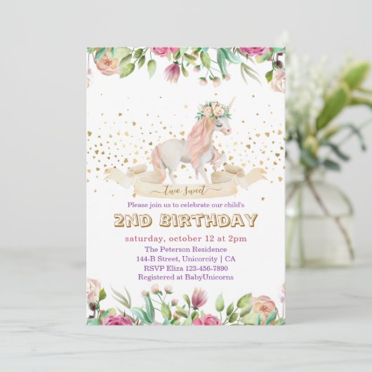 2つの甘い魔法のユニコーン赤ちゃん女の子2nd誕生日 招待状 (スタンド正面)