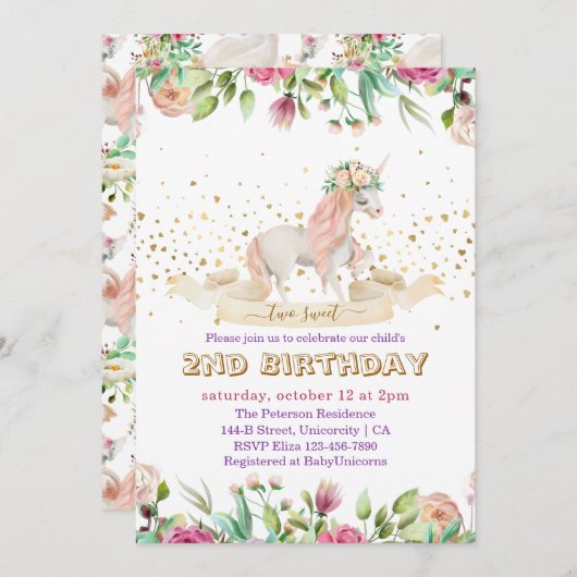 2つの甘い魔法のユニコーン赤ちゃん女の子2nd誕生日 招待状 (正面/裏面)