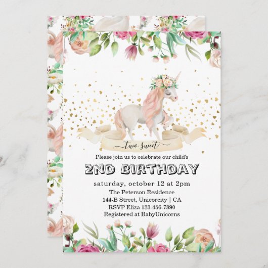 2つの甘い魔法の生き物ベビーガール2nd誕生日 招待状 (正面/裏面)