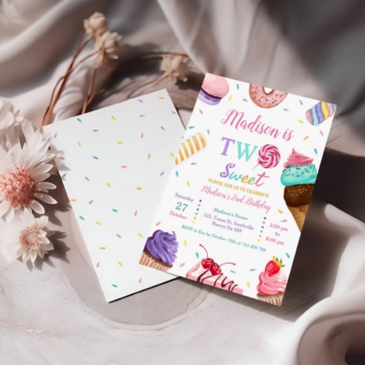 2つの甘い2番目の誕生日アイスクリーム、ドーナツパーティー 招待状