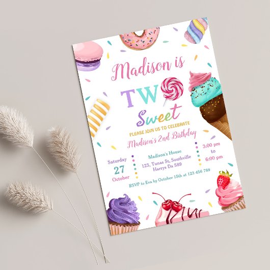 2つの甘い2番目の誕生日アイスクリーム、ドーナツパーティー 招待状
