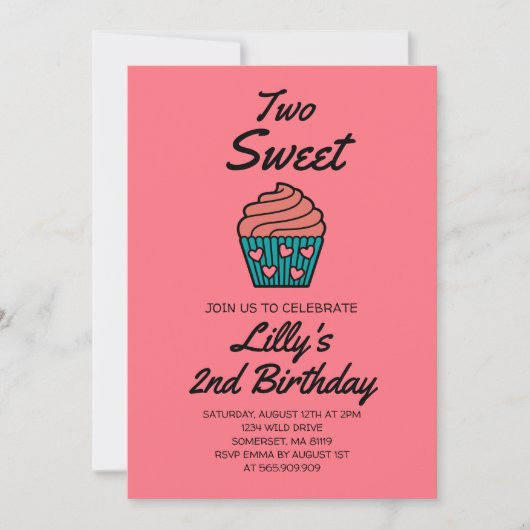 2つの甘い2番目の誕生日テーマピンクかわいいカップケーキ 招待状 (正面)