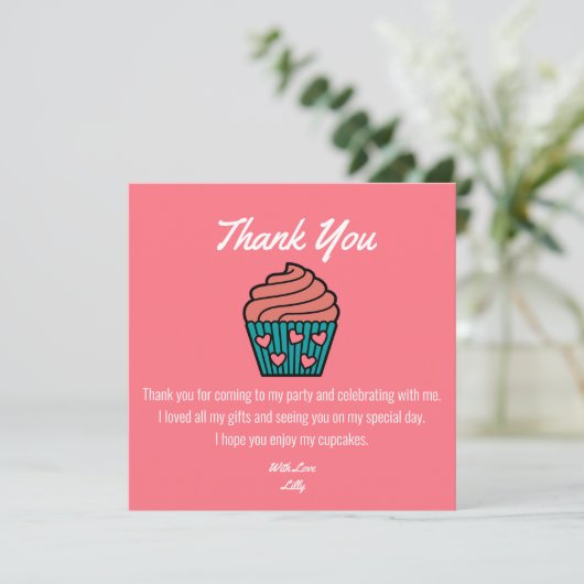 2つの甘い2番目の誕生日テーマピンクカップケーキガール サンキューカード (スタンド正面)