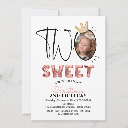 2つの甘い2番目の誕生日パーティーかわいいバルーン写真 招待状 (正面)