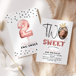 2つの甘い2番目の誕生日パーティーかわいいバルーン写真 招待状