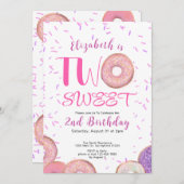 2つの甘い2番目の誕生日ピンクのドーナツ 招待状 (正面/裏面)