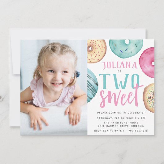 2つの甘い |ドーナツの2回目の誕生日パーティー写真 招待状 (正面)