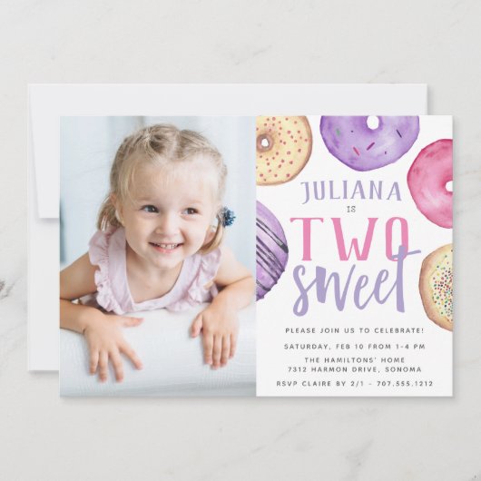 2つの甘い |ドーナツの2回目の誕生日パーティー写真 招待状 (正面)
