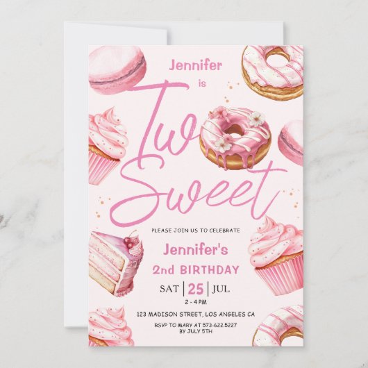 2つの甘い！ピンクドーナツガールズセカンドバースデーパーティー 招待状 (正面)
