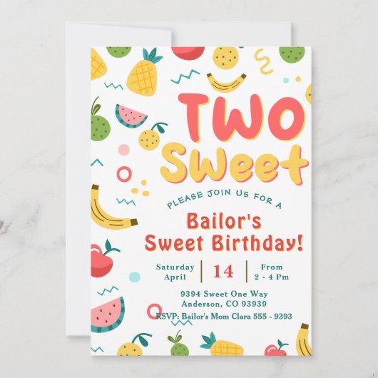 2つの甘い |フルーツパーティー誕生日招待状 招待状 (正面)