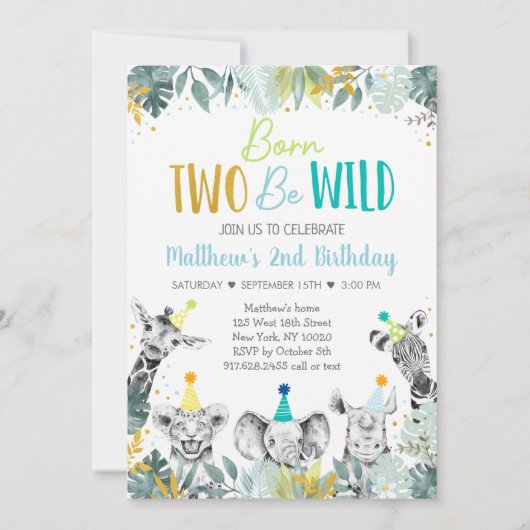 2つの生まれBeワイルドブルー金ゴールドパーティー動物誕生日 招待状 (正面)