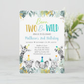 2つの生まれBeワイルドブルー金ゴールドパーティー動物誕生日 招待状 (スタンド正面)