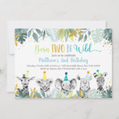 2つの生まれBeワイルドブルー金ゴールドパーティー動物誕生日 招待状 (正面)