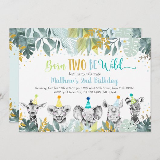 2つの生まれBeワイルドブルー金ゴールドパーティー動物誕生日 招待状 (正面/裏面)