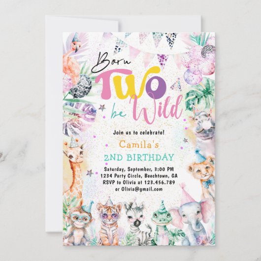 2つの生まれBe野生のトロピカルサファリアニマルズ誕生日 招待状 (正面)