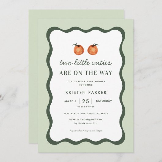 2つの男女兼用かわいこちゃんツインズベビーシャワー 招待状 (正面/裏面)