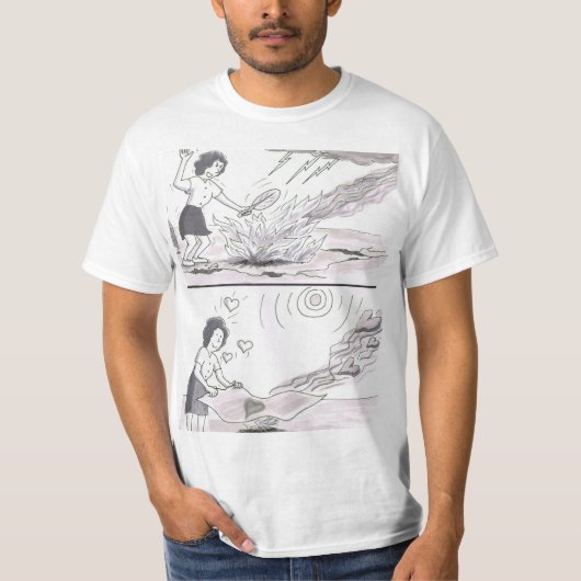 2つの画像: 炎をあおって事態を悪化させる女性 毛布 Tシャツ (正面)