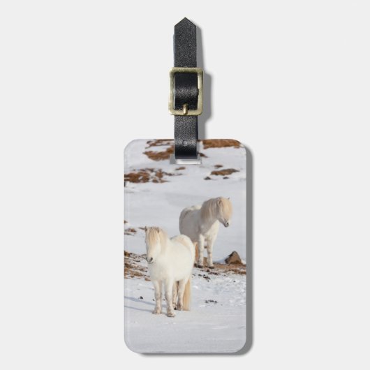 2つの白いアイスランドの馬 ラゲッジタグ (正面縦)