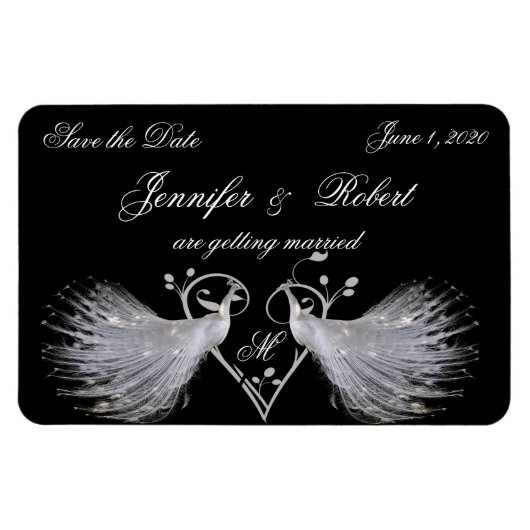 2つの白いピーコックとハートモノグラムマグネット マグネット (横)