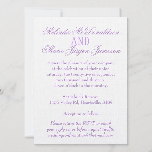 2つの白い愛の鳥の紫の結婚式フォーマルを招待 招待状 (裏面)