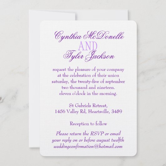 2つの白い愛の鳥の紫色の結婚式を招待 招待状 (裏面)