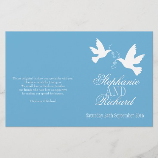 2つの白い鳩の青いリボン結婚式 プログラム (正面)