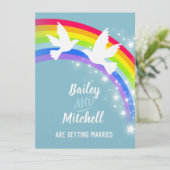 2つの白い鳩レインボー結婚のティール(緑がかった色)招待状 招待状 (スタンド正面)