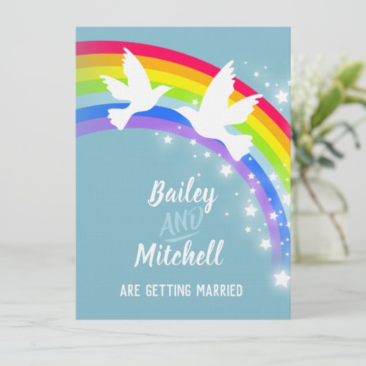 2つの白い鳩レインボー結婚のティール（緑がかった色）招待状 招待状 (スタンド正面)