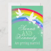 2つの白い鳩レインボー結婚の緑の色の招待状 招待状 (正面)