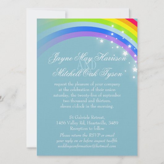 2つの白い鳩レインボー結婚の青い灰色の招待状 招待状 (裏面)