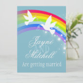 2つの白い鳩レインボー結婚の青い灰色の招待状 招待状 (スタンド正面)
