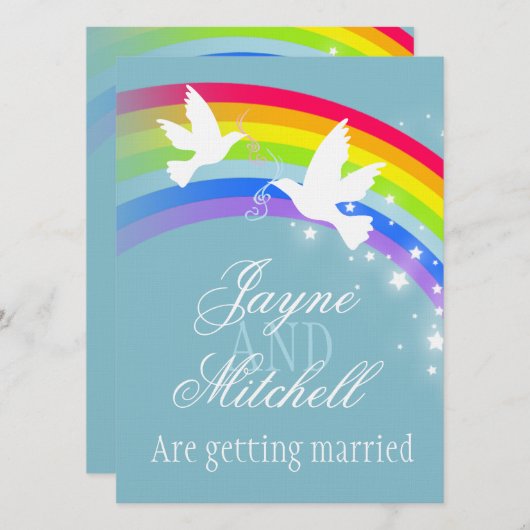 2つの白い鳩レインボー結婚の青い灰色の招待状 招待状 (正面/裏面)
