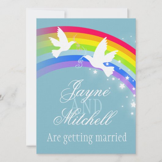 2つの白い鳩レインボー結婚の青い灰色の招待状 招待状 (正面)