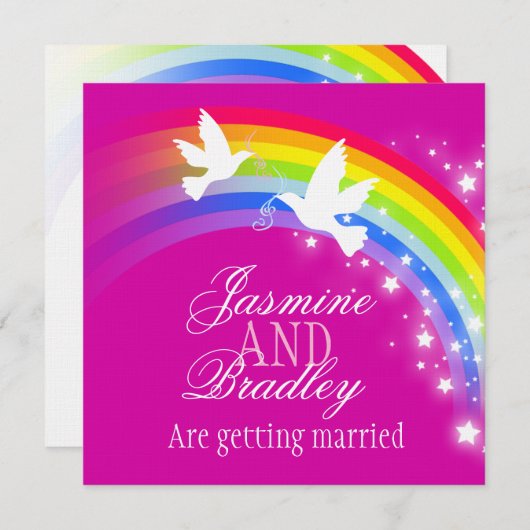 2つの白い鳩レインボー結婚ズスクエア招待状 招待状 (正面/裏面)
