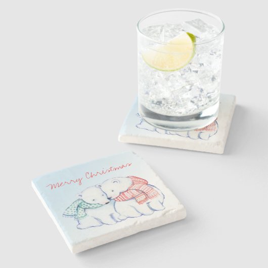 2つの白くまのメリークリスマスのコースター ストーンコースター (横)