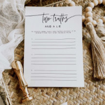 2つの真実と嘘のブライダルシャワー活動ゲームカード