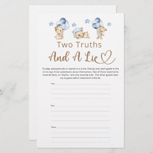 2つの真実と嘘の男の子テディベア赤ちゃんシャワー (正面/裏面)