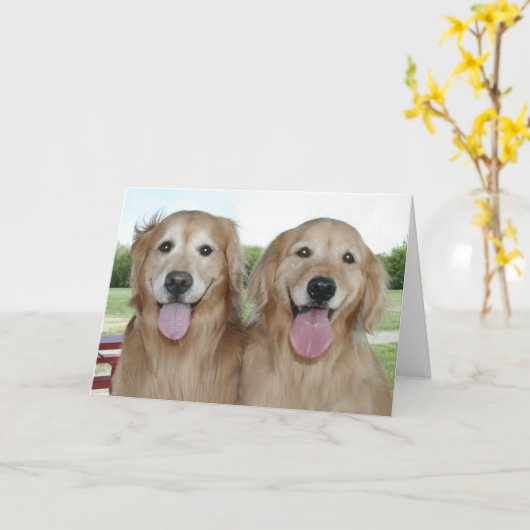 2つの笑顔ゴールデンレトリバーズジャストことわざhi カード (黄色い花)