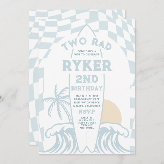 2つの素晴らしいモダンサーフボード2nd誕生日パーティー 招待状 (正面/裏面)