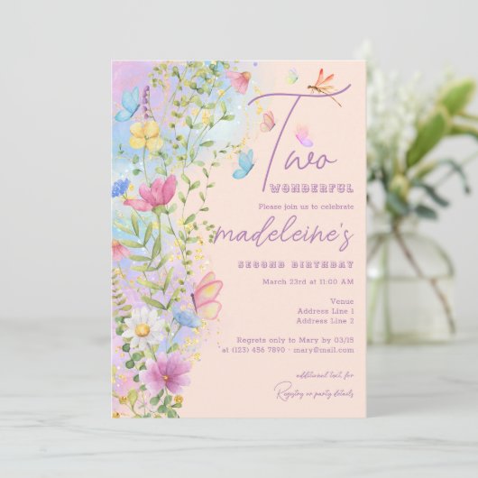 2つの素晴らしいワイルドフラワーガーデンガール2nd誕生日 招待状 (スタンド正面)