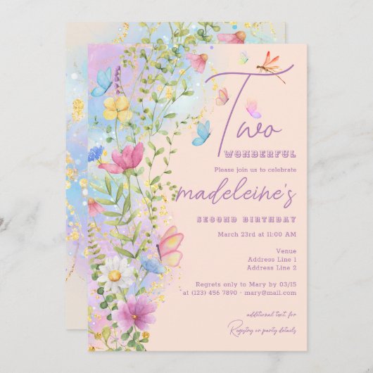 2つの素晴らしいワイルドフラワーガーデンガール2nd誕生日 招待状 (正面/裏面)