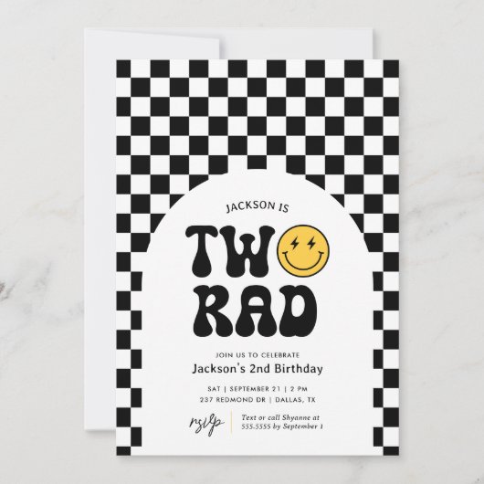 2つの素晴らしい市松模様にハッピー顔2nd誕生日 招待状 (正面)