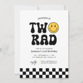 2つの素晴らしい市松模様にハッピー顔2nd誕生日 招待状 (正面)