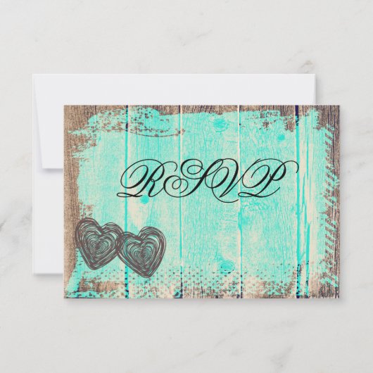 2つの素朴ハートウッドアクアウェディングRSVPカード 出欠カード (裏面)