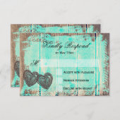 2つの素朴ハートウッドアクアウェディングRSVPカード 出欠カード (正面/裏面)