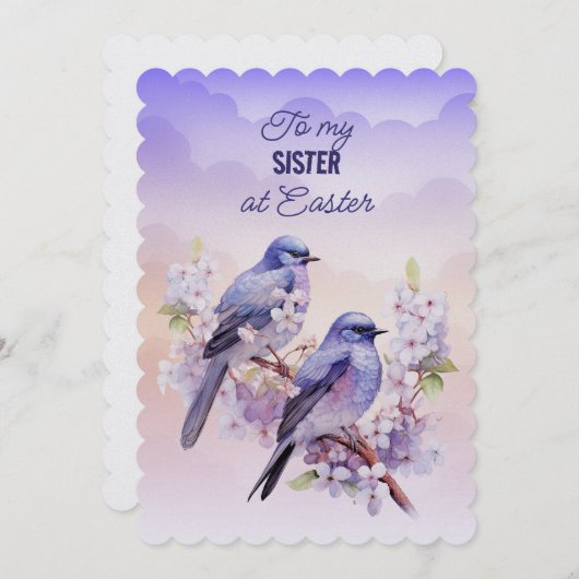 2つの紫色の鳥の春の花シスターイースター シーズンカード (正面/裏面)