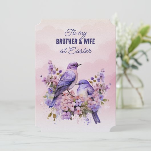 2つの紫色の鳥の春の花ブラザー妻イースター シーズンカード (スタンド正面)